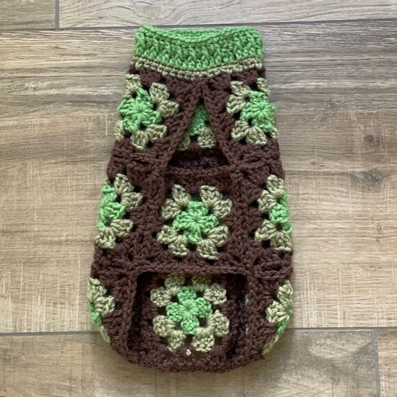 Dog Sweater XS Green Brown Crochet Handmade Granny Chihuahua, Yorkie, Teacup - Picture 2 of 10
